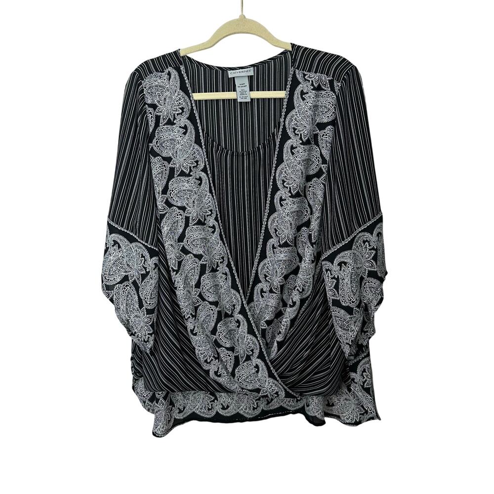 Catherines Faux Wrap Blouse‎ Womens 1XWP 18/20 Black Gray Paisley Floral Boho